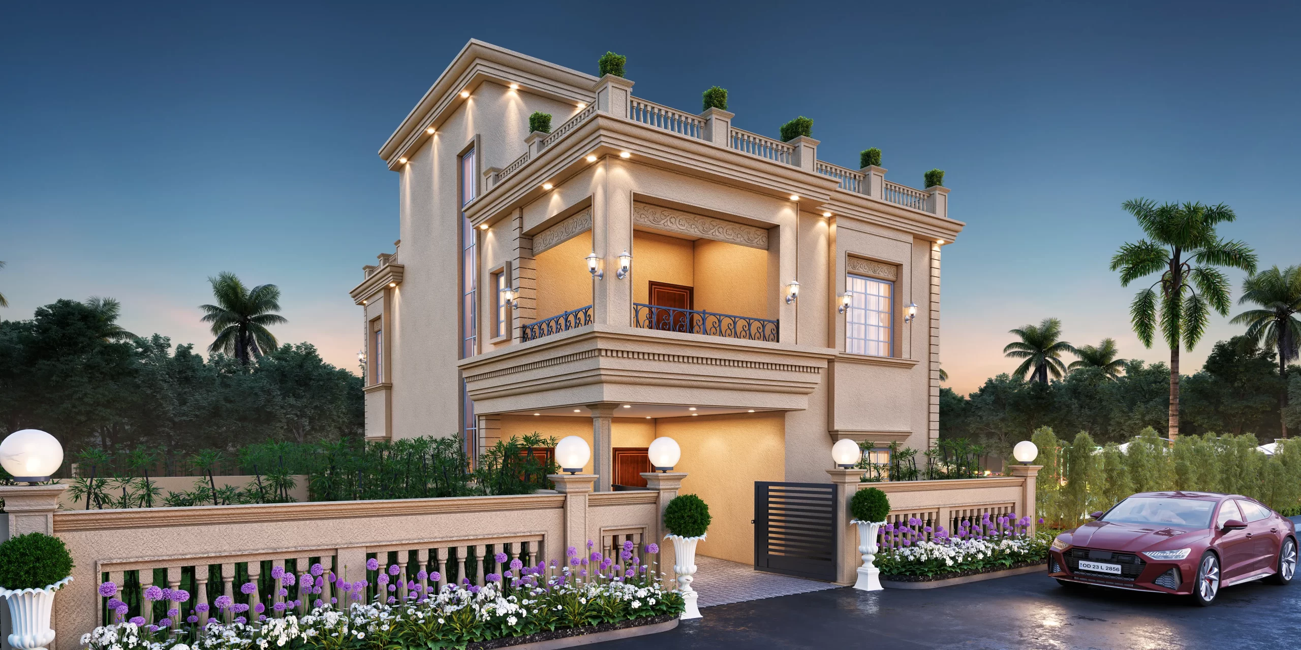 Single Villa Elevation (Night Atmosphere)